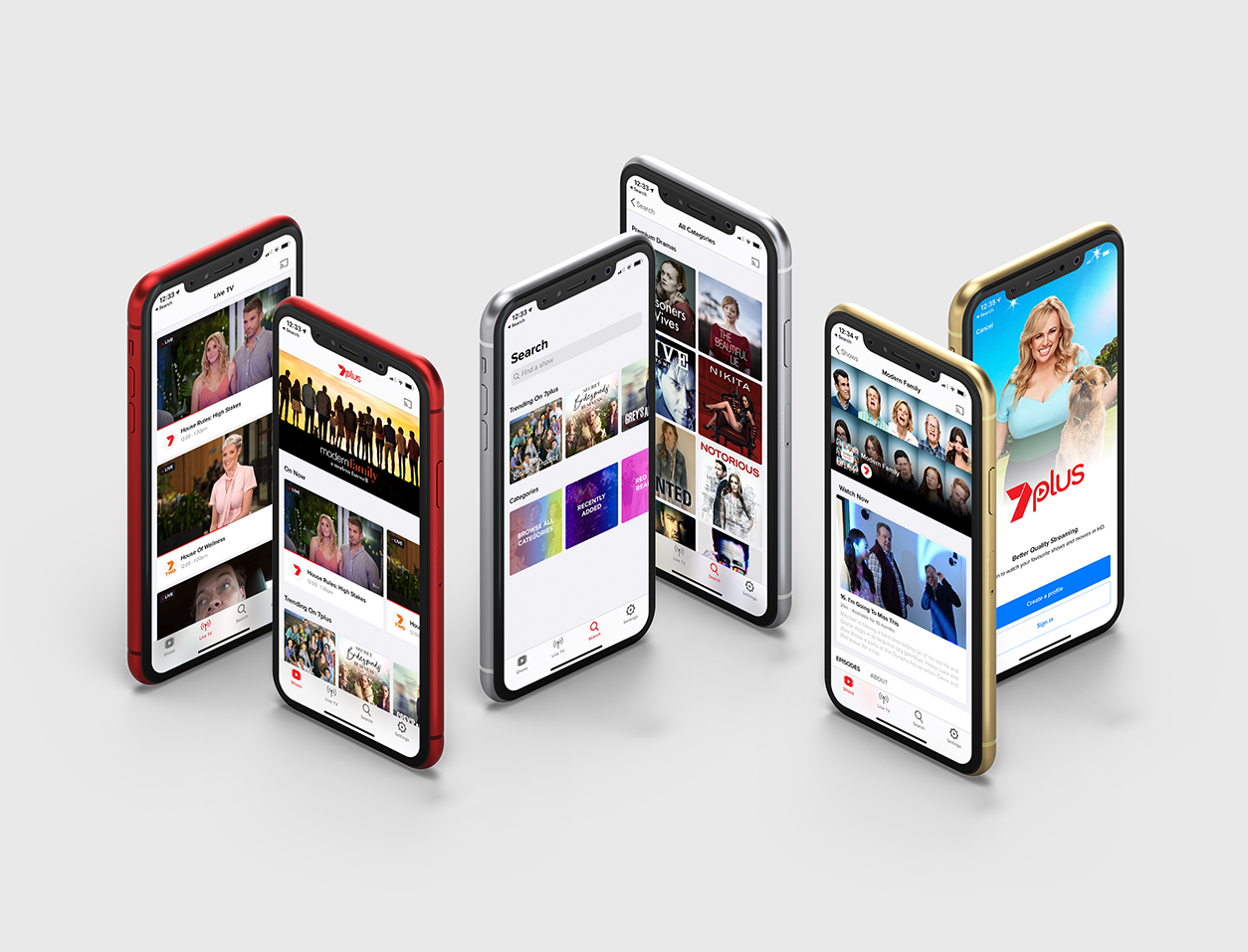 7plus streaming app mobile mockups showing show detail page, home feed with live programming, and live TV channel guide