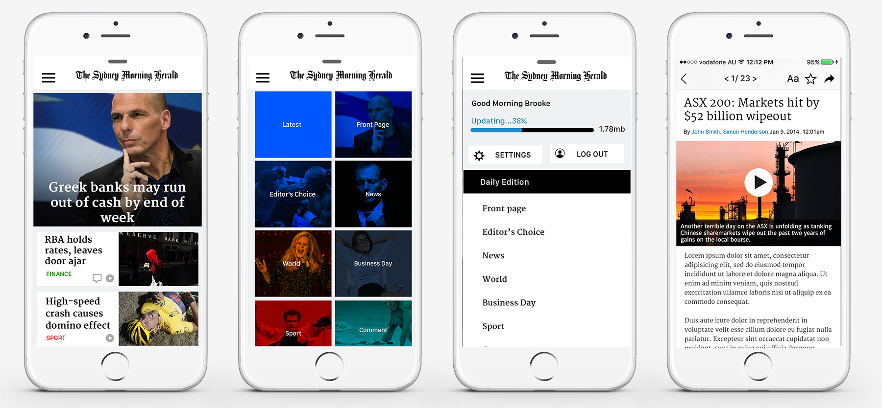 Mobile editorial design system showing typographic hierarchy and reading experience across multiple device frames
