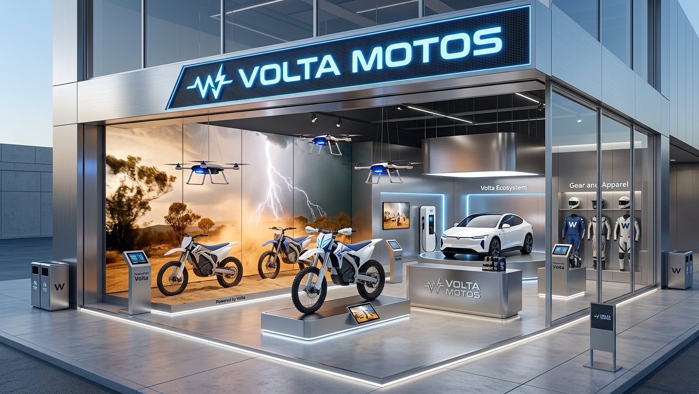 Volta Motos desktop landing page on dual iMac display showing 'Beyond Kinetic' and 'The Future of Velocity' campaign treatments