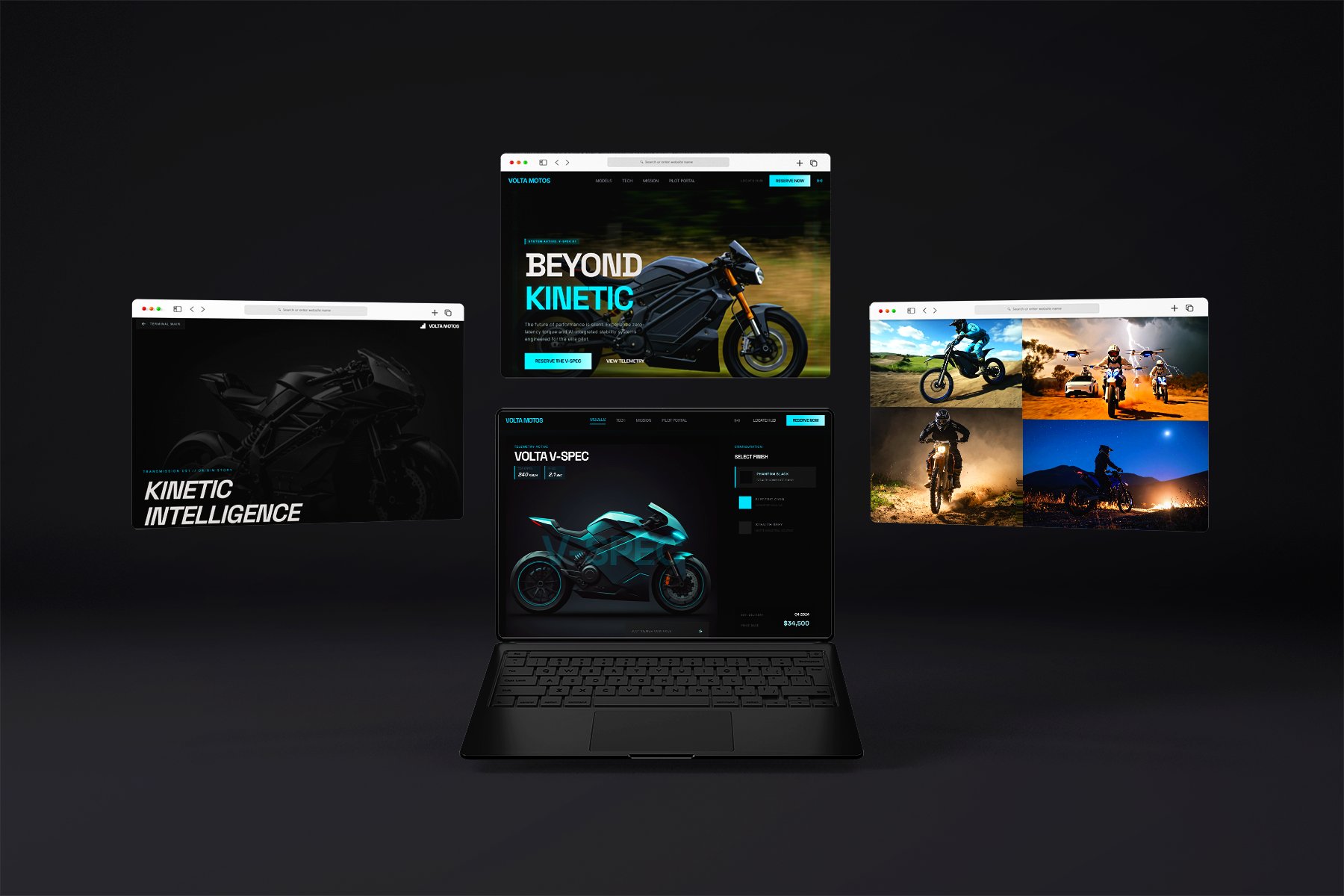 Volta Motos design system showing multiple browser screens with kinetic intelligence campaign, V-Spec configurator, and rider lifestyle photography