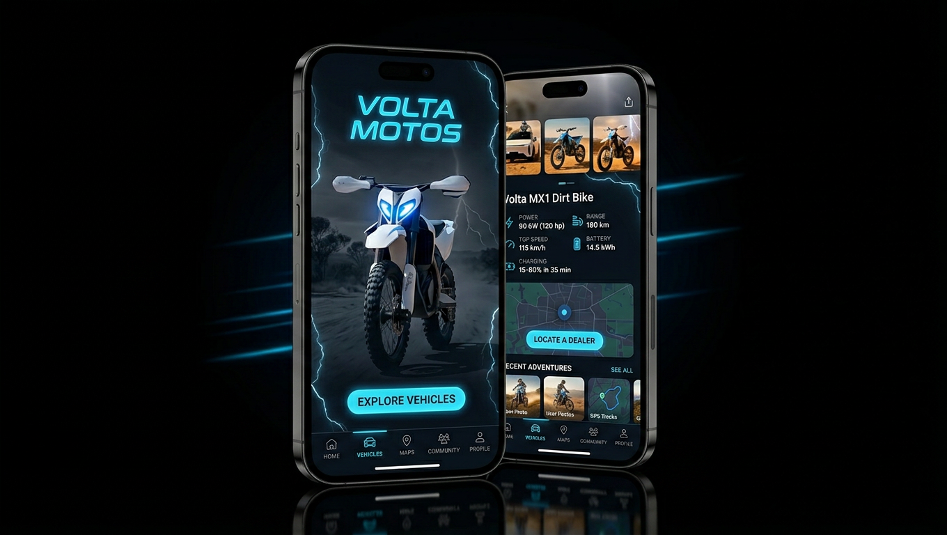 Volta Motos digital brand interface showing motorcycle hero, kinetic intelligence campaign page, V-Spec product configurator, and rider lifestyle imagery
